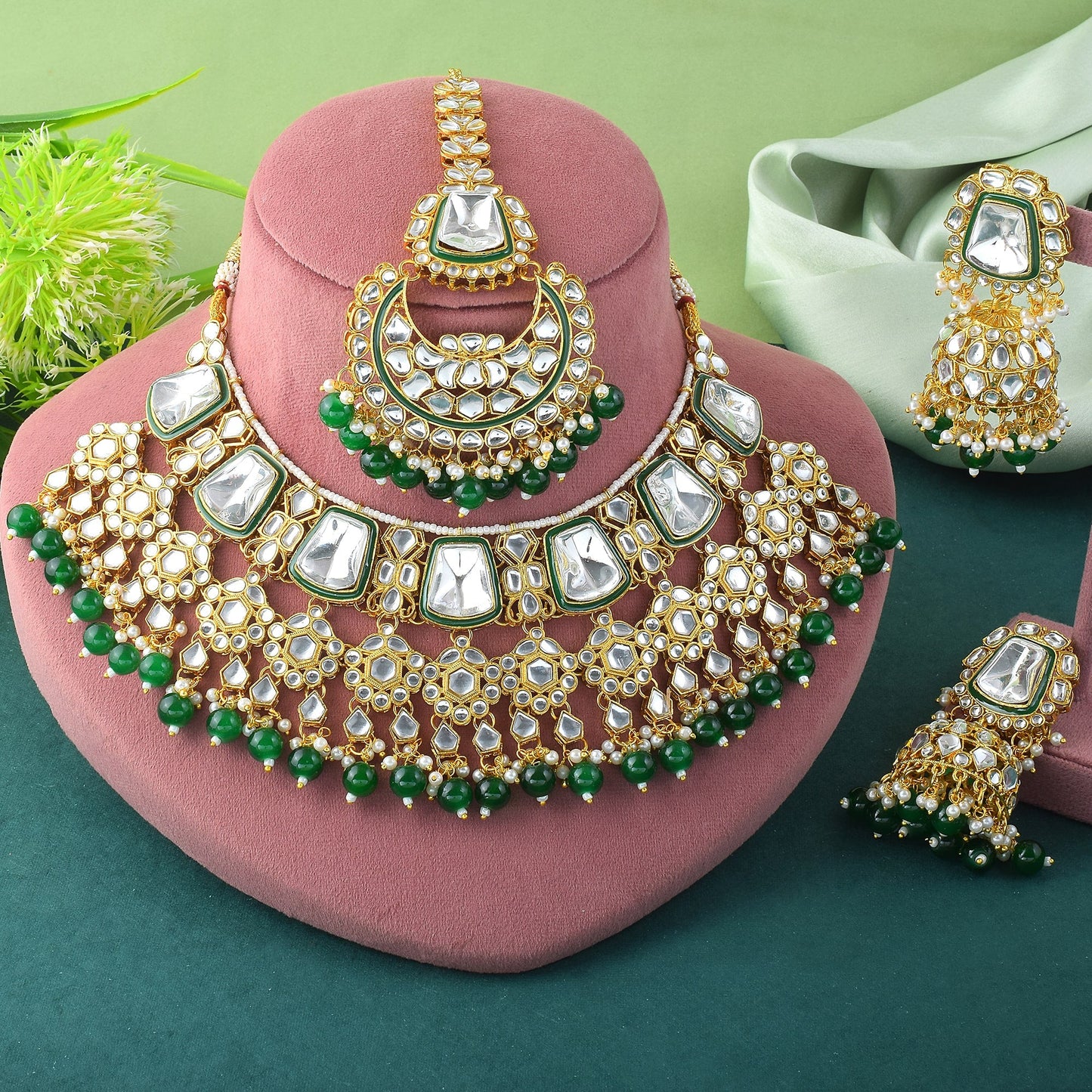 Radiant Green Color Kundan Necklace Set With Antique Finishing