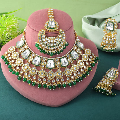 Radiant Green Color Kundan Necklace Set With Antique Finishing