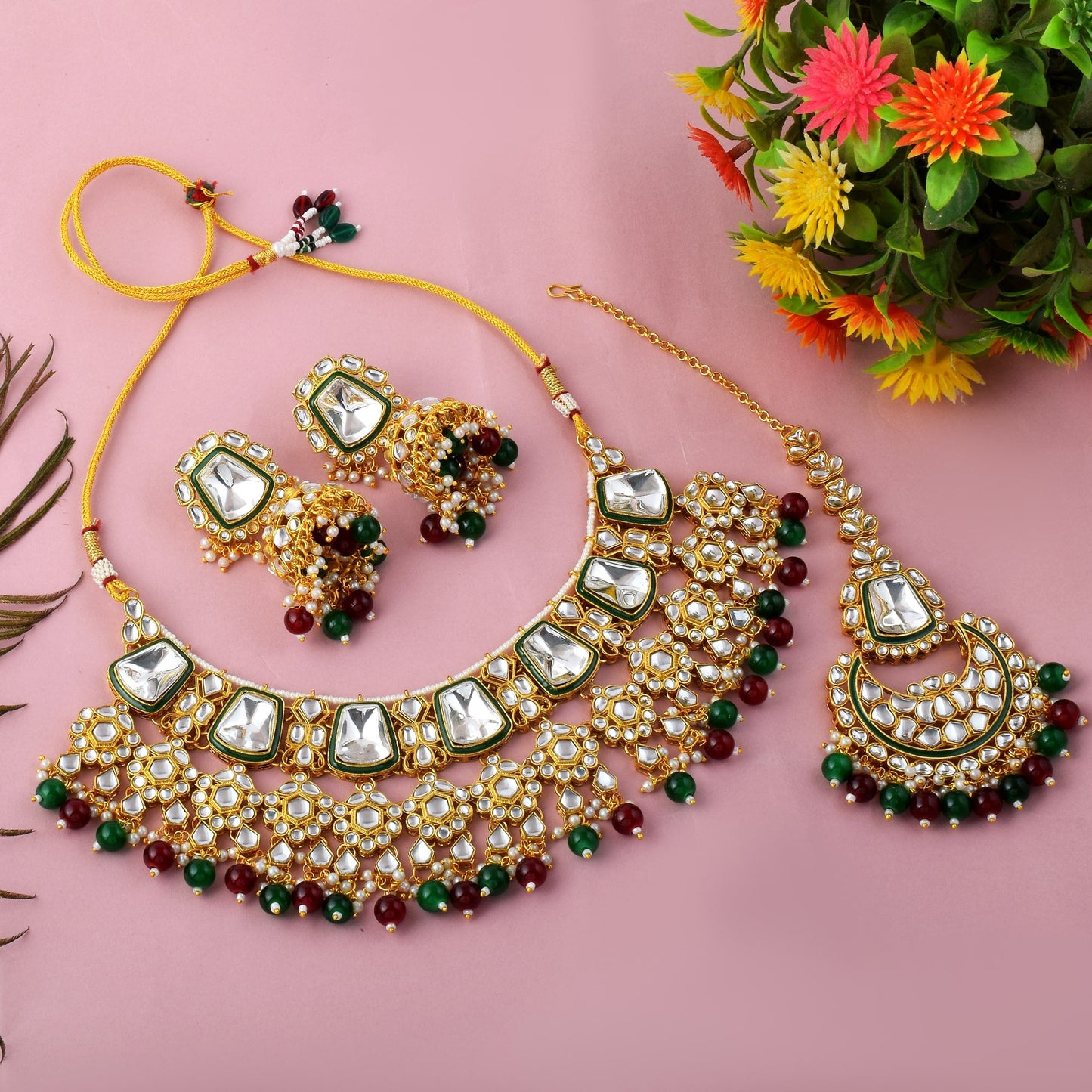 Maroon & Green Color Kundan Necklace Set For Engagement Ceremonies