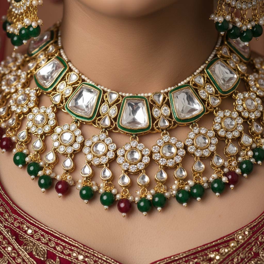 Kastanienbraunes &amp; grünes Kundan-Halsketten-Set für Verlobungszeremonien