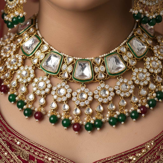 Kastanienbraunes &amp; grünes Kundan-Halsketten-Set für Verlobungszeremonien