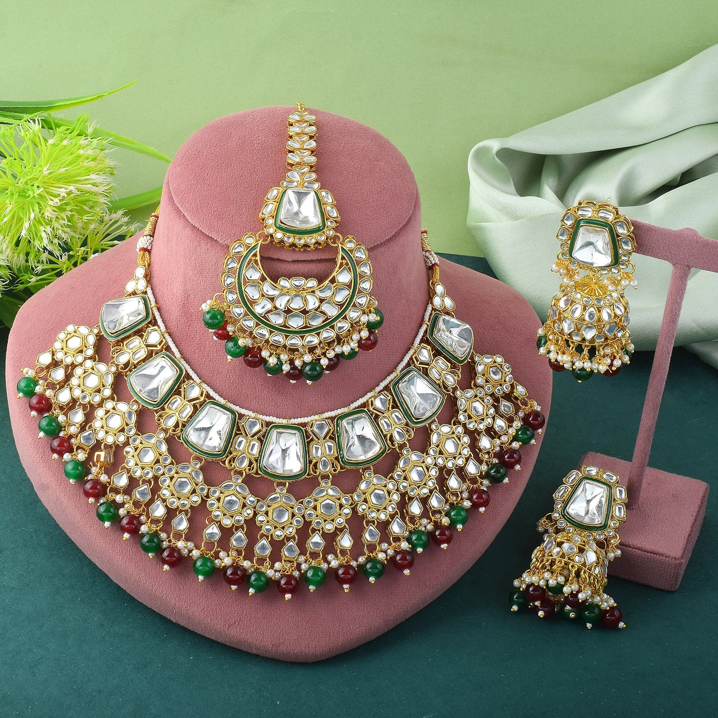 Maroon & Green Color Kundan Necklace Set For Engagement Ceremonies