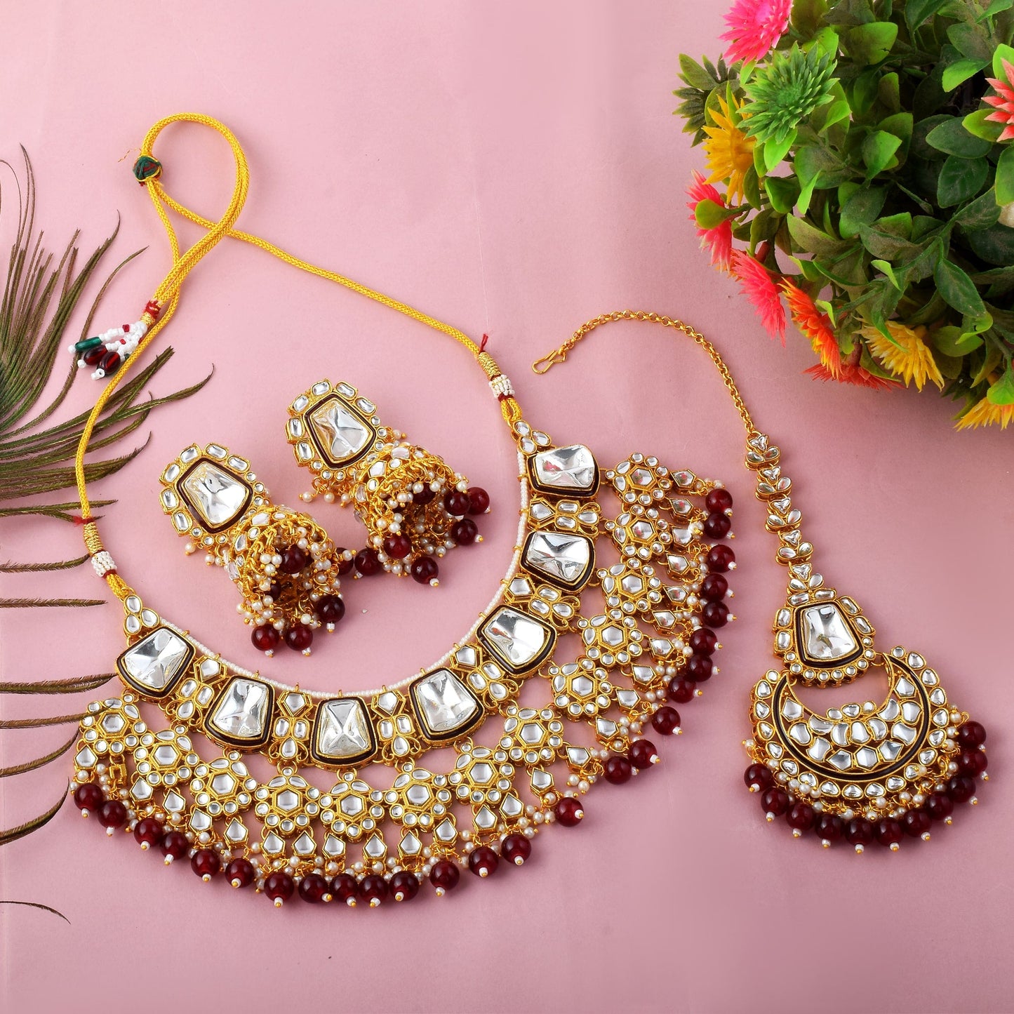 Rich Maroon Color Kundan Necklace Set For Engagement Ceremonies