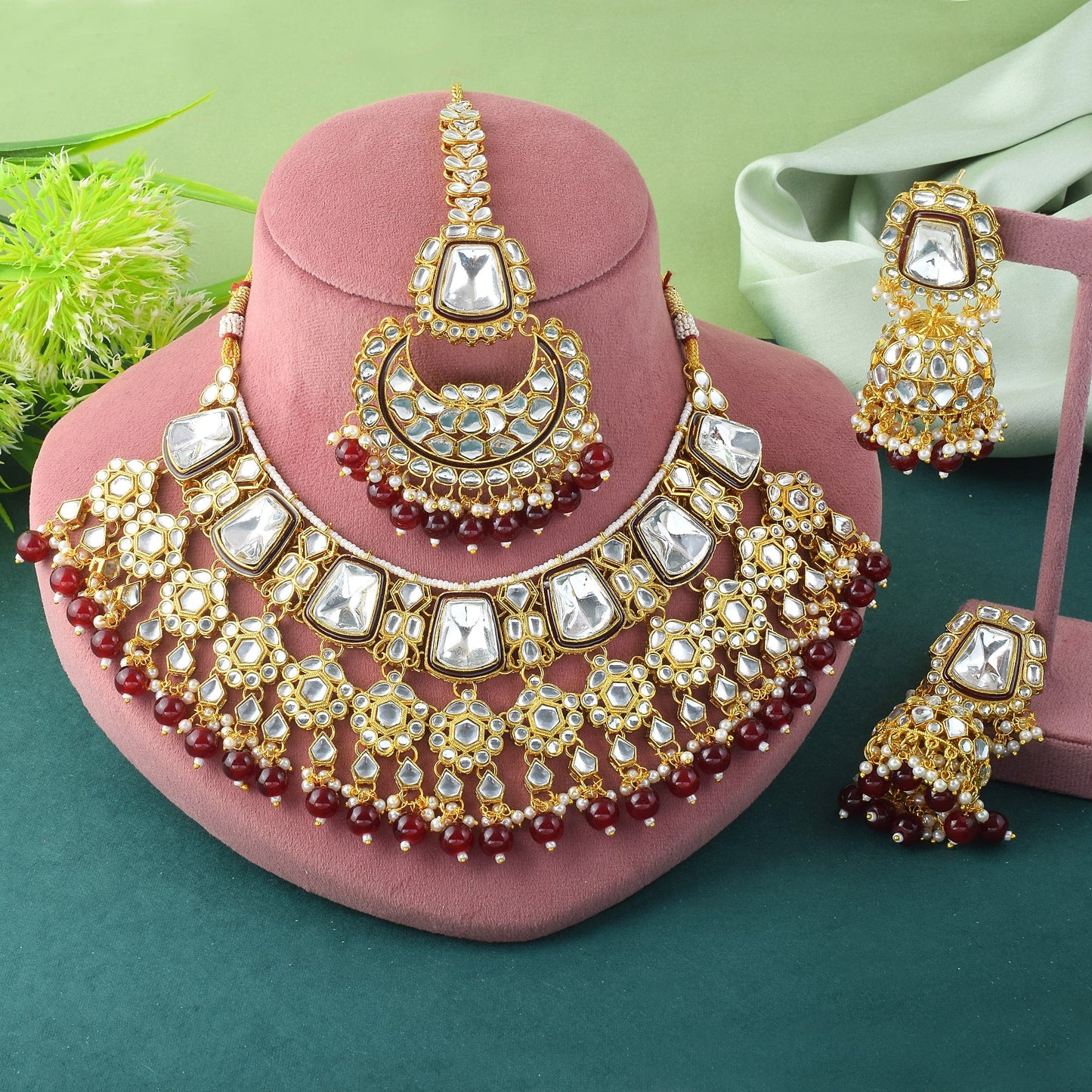 Rich Maroon Color Kundan Necklace Set For Engagement Ceremonies