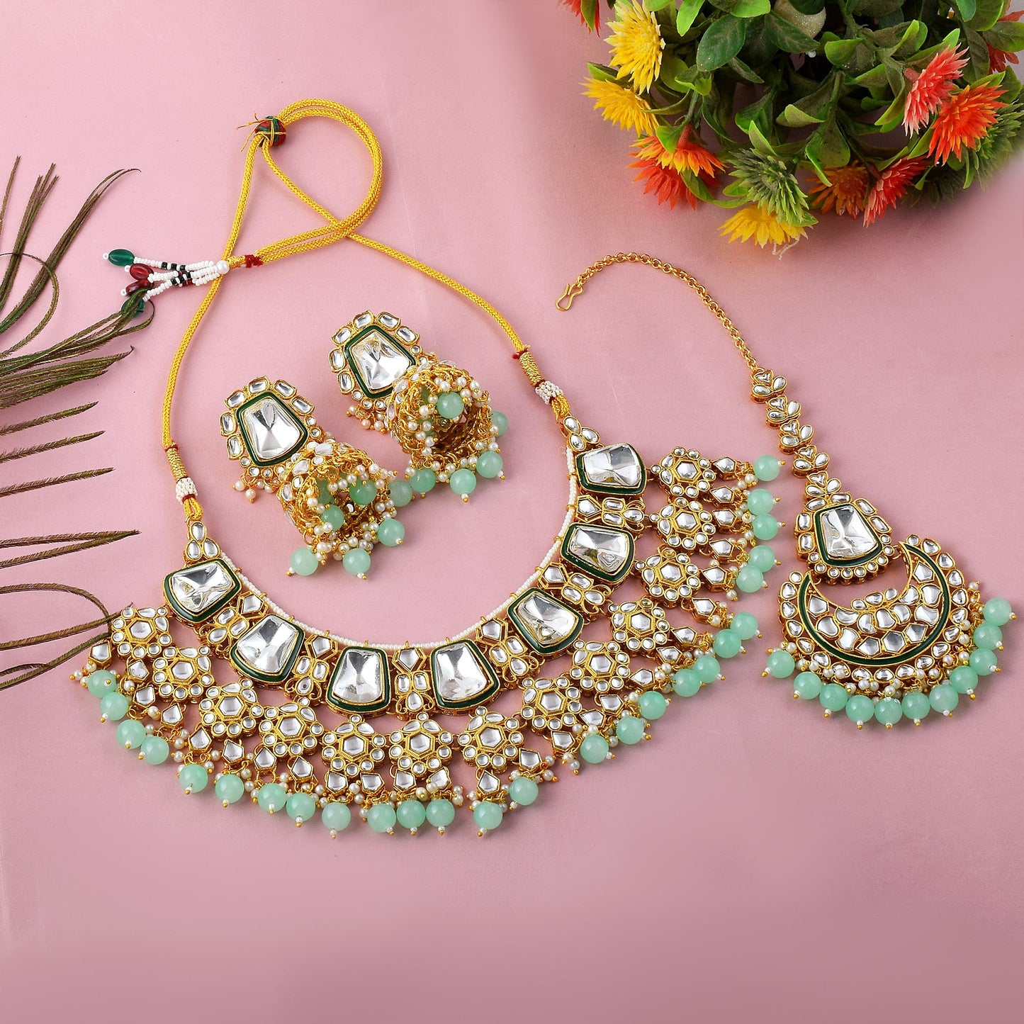 Festive Pista Green Color Kundan Necklace Set For Party Wear