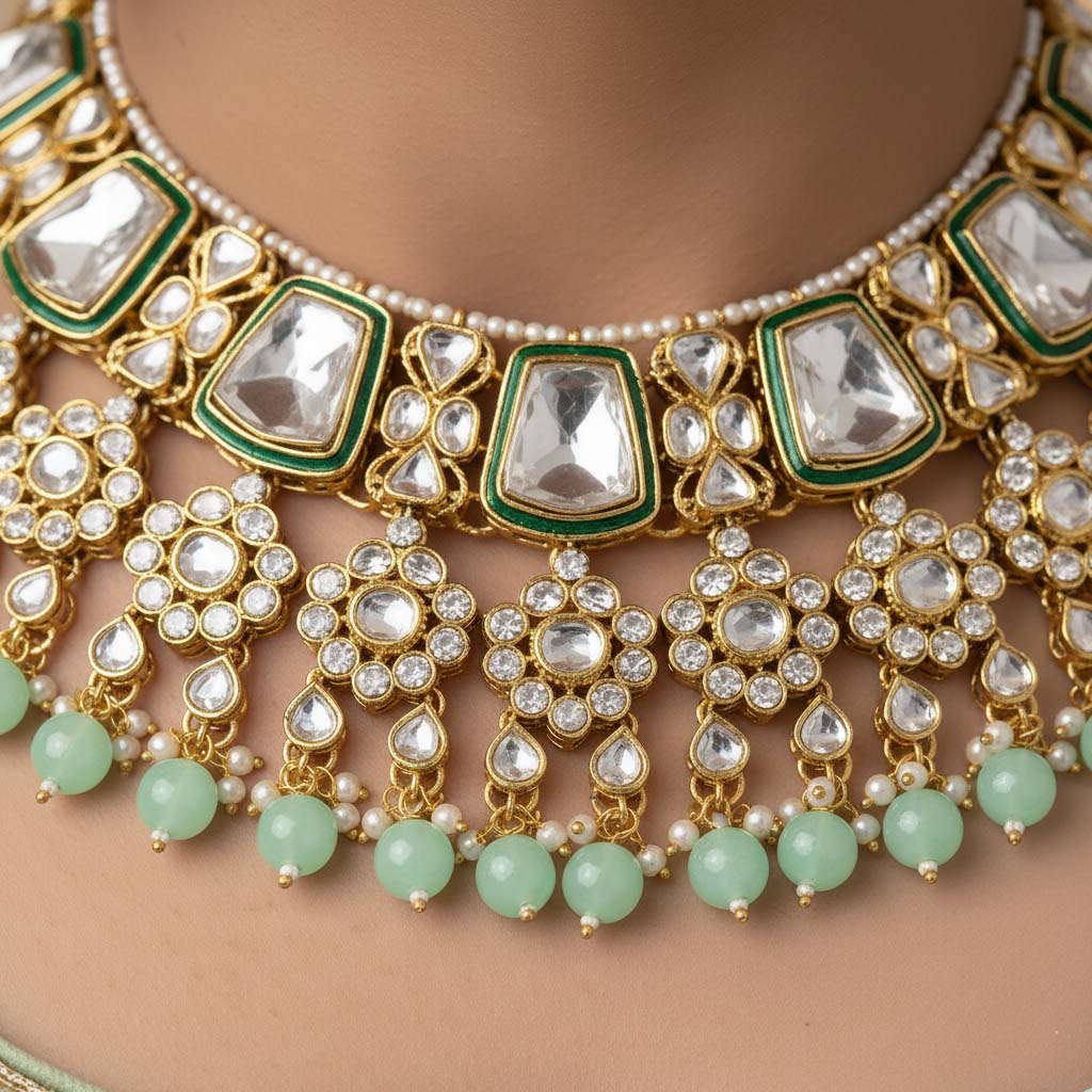 Festliches Kundan-Halsketten-Set in Pista-Grün für Partykleidung