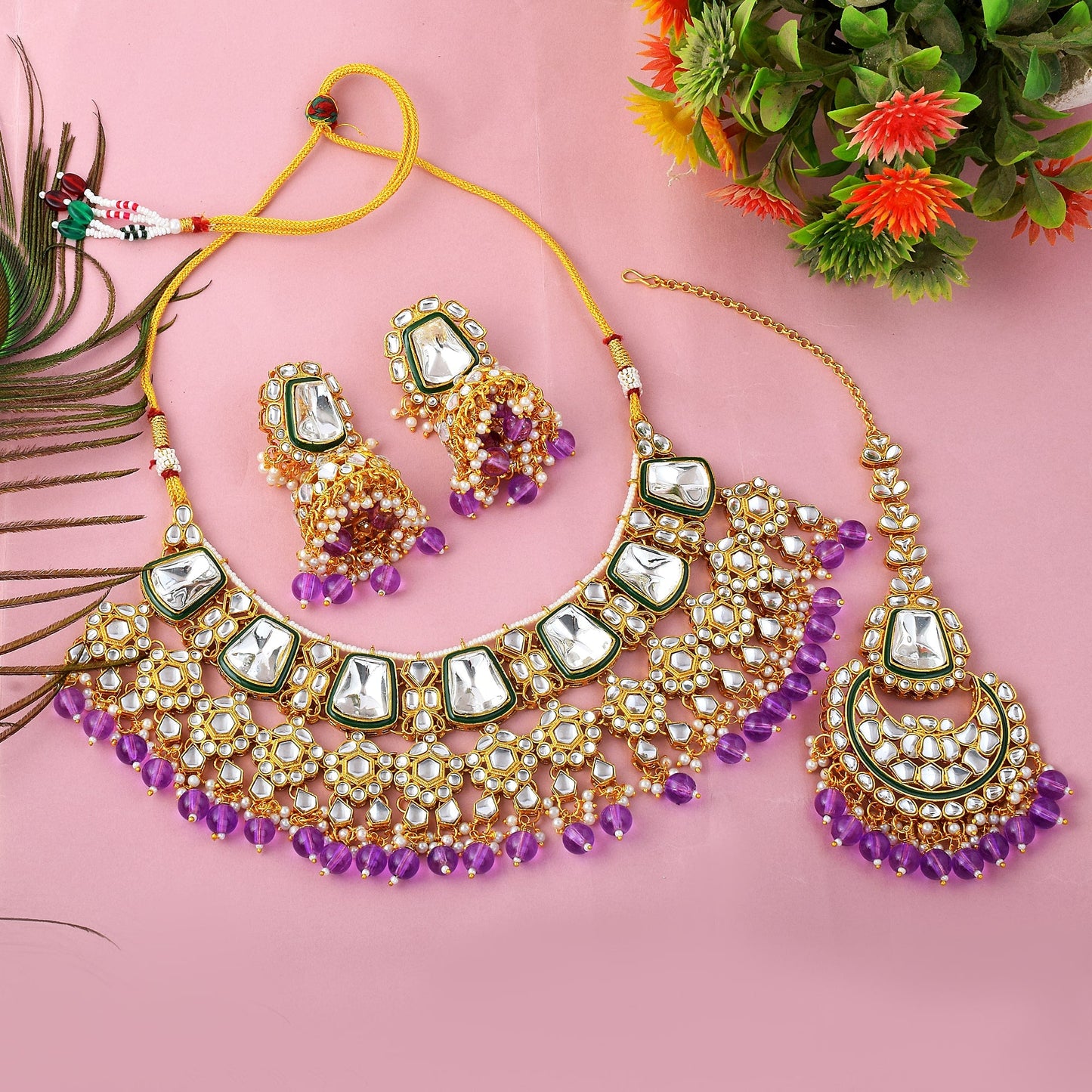 Royal Purple Color Kundan Necklace Set With Gold And Gem Detailing