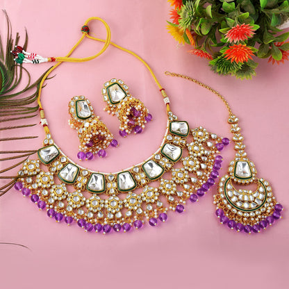 Royal Purple Color Kundan Necklace Set With Gold And Gem Detailing