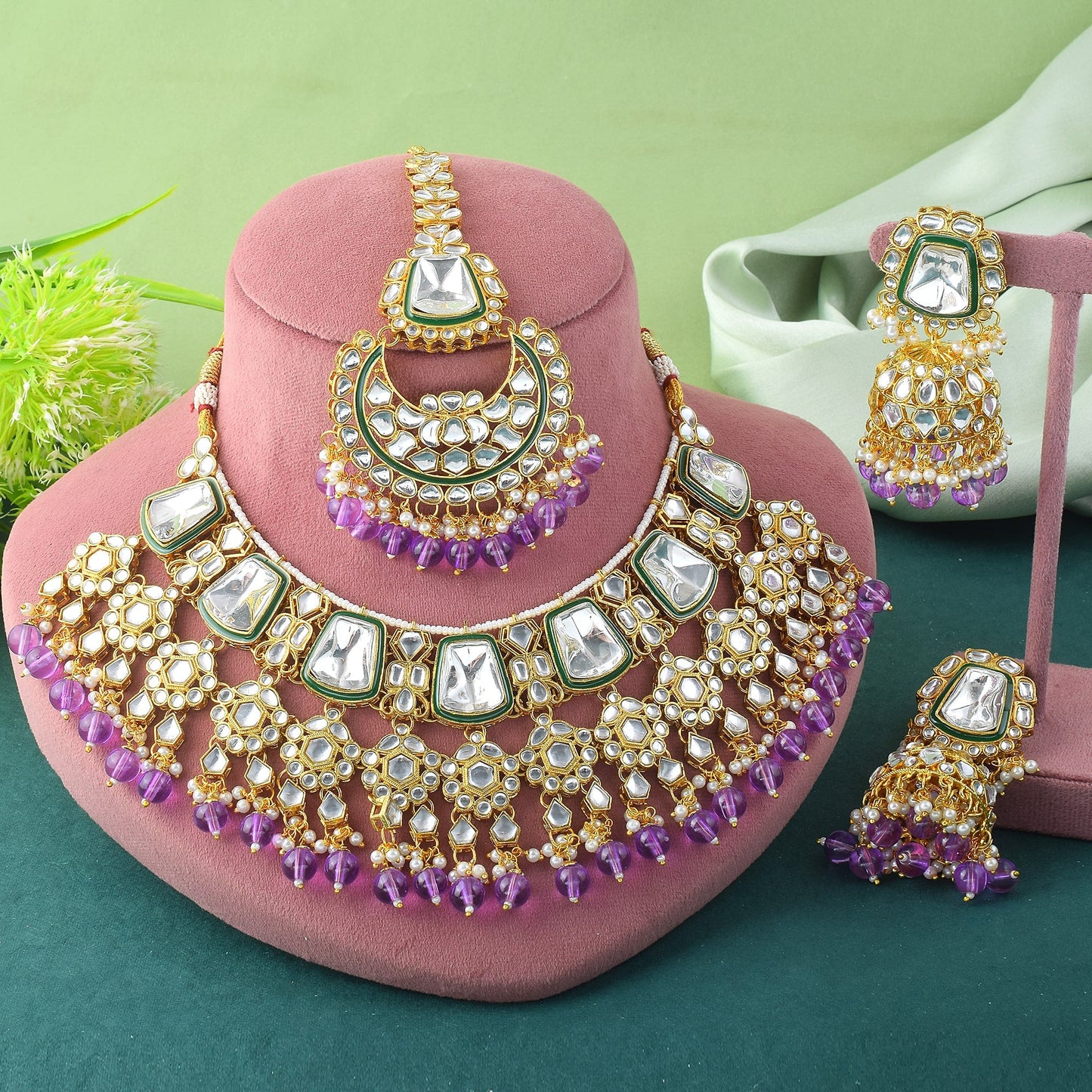 Royal Purple Color Kundan Necklace Set With Gold And Gem Detailing