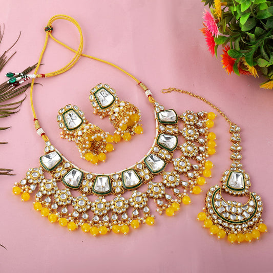 Sunshine Yellow Color Kundan Necklace Set For Daytime Events