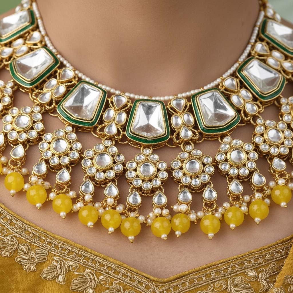 Sonnengelbes Kundan-Halsketten-Set für Tagesveranstaltungen