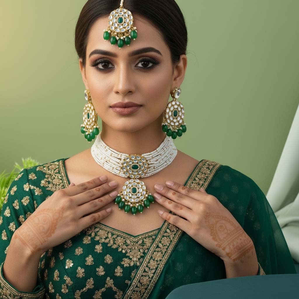 Klassisches grünes Choker-Kundan-Halsketten-Set für ethnische Kleidung