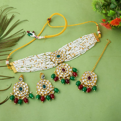 Dual Maroon & Green Color Choker Kundan Necklace Set For Weddings
