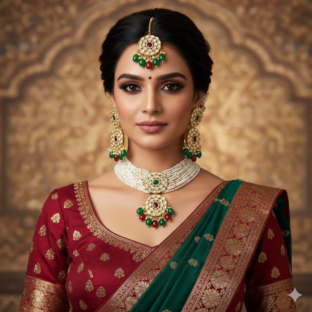 Doppeltes Kastanienbraun &amp; Grün Farbiges Choker Kundan Halsketten Set für Hochzeiten