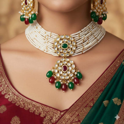 Doppeltes Kastanienbraun &amp; Grün Farbiges Choker Kundan Halsketten Set für Hochzeiten