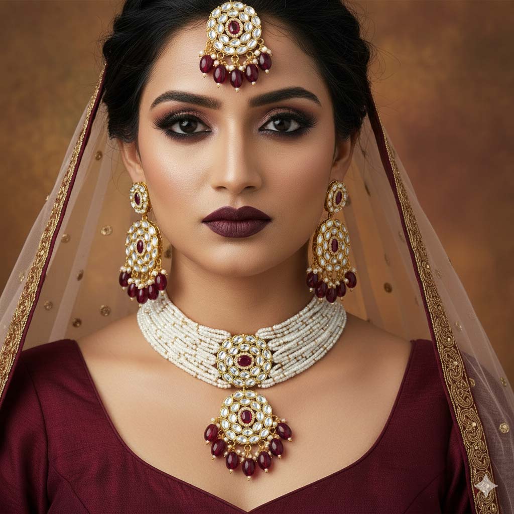 Auffälliges Magentafarbenes Choker-Kundan-Halsketten-Set für Events