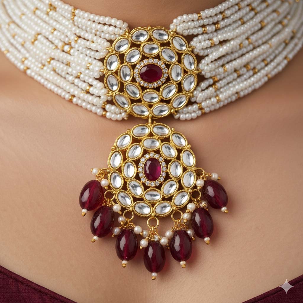 Auffälliges Magentafarbenes Choker-Kundan-Halsketten-Set für Events