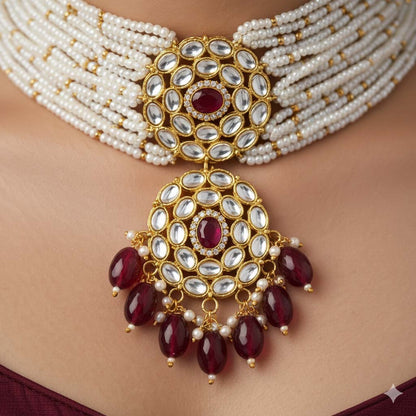 Auffälliges Magentafarbenes Choker-Kundan-Halsketten-Set für Events