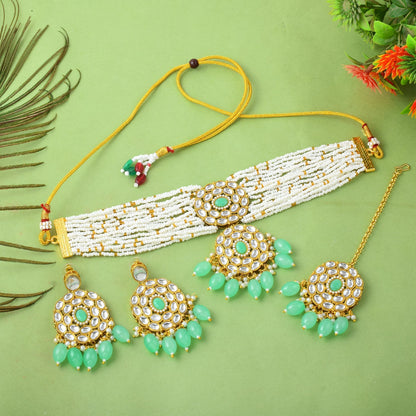 Stylish Pista Green Color Choker Kundan Necklace Set For Parties