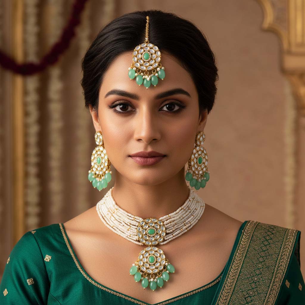 Stilvolles Pista Green Color Choker Kundan Halsketten-Set für Partys