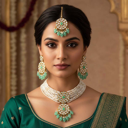 Stilvolles Pista Green Color Choker Kundan Halsketten-Set für Partys