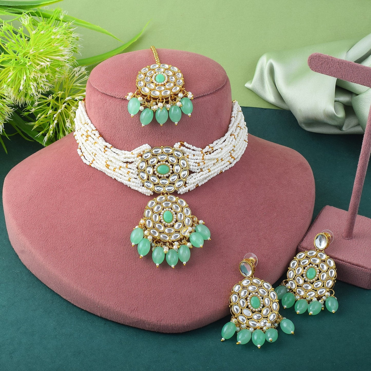 Stylish Pista Green Color Choker Kundan Necklace Set For Parties