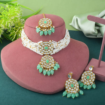 Stylish Pista Green Color Choker Kundan Necklace Set For Parties