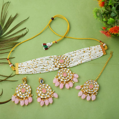 Stylish Pink Color Choker Kundan Necklace Set For Trendy Look