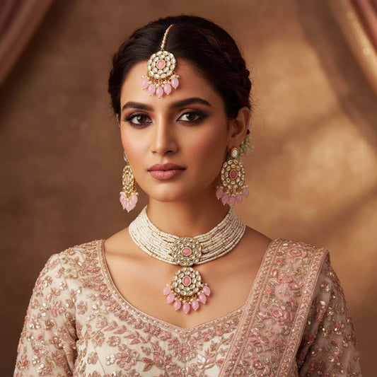 Stilvolles rosafarbenes Choker-Kundan-Halsketten-Set für einen trendigen Look