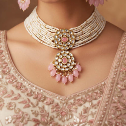 Stilvolles rosafarbenes Choker-Kundan-Halsketten-Set für einen trendigen Look