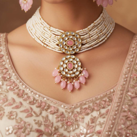 Stilvolles rosafarbenes Choker-Kundan-Halsketten-Set für einen trendigen Look
