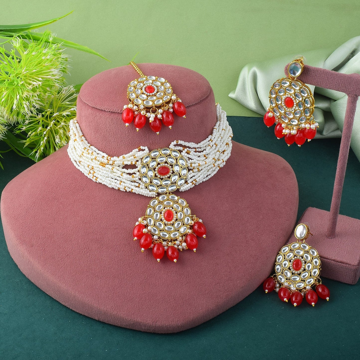 Vibrant Red Color Choker Kundan Necklace Set With Classic Embellishment