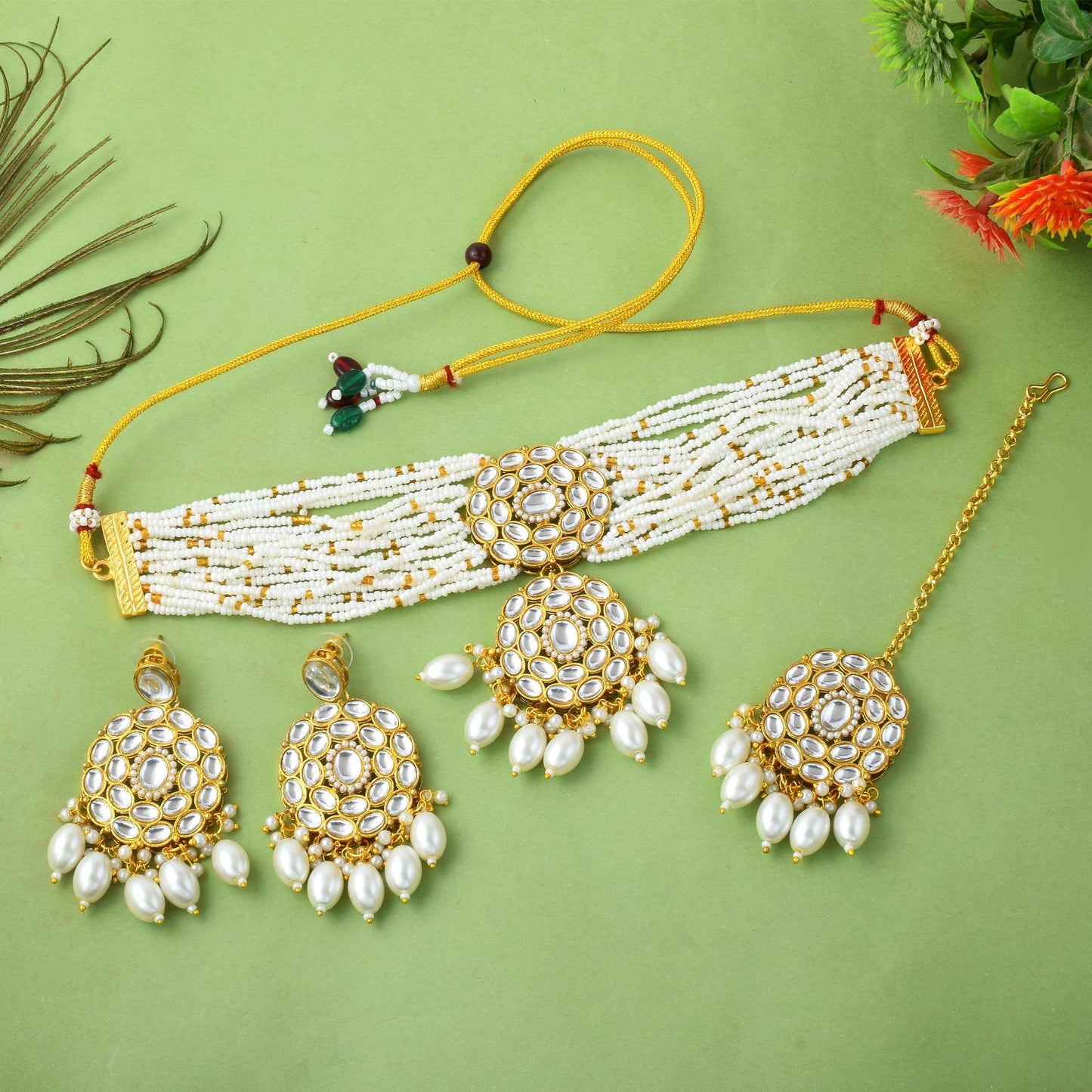 Bright White Color Choker Kundan Necklace Set For Bridal Glamour