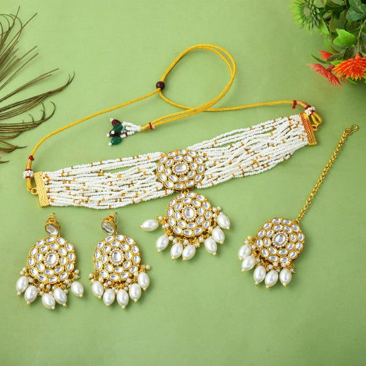 Bright White Color Choker Kundan Necklace Set For Bridal Glamour