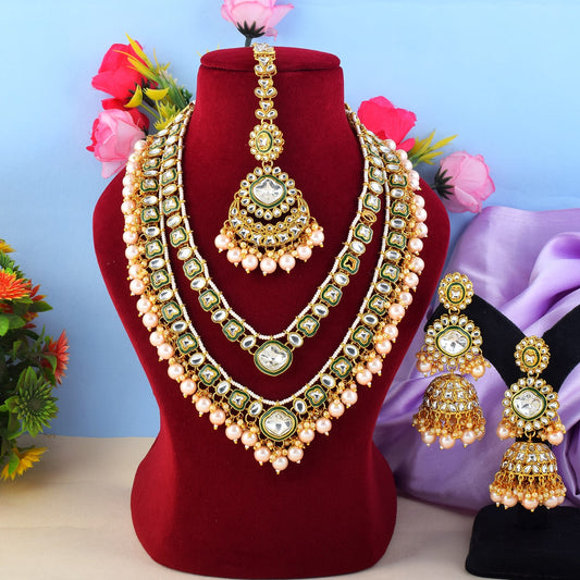 Luxury Gold Color Kundan Necklace Set With Bold Stone Decorations