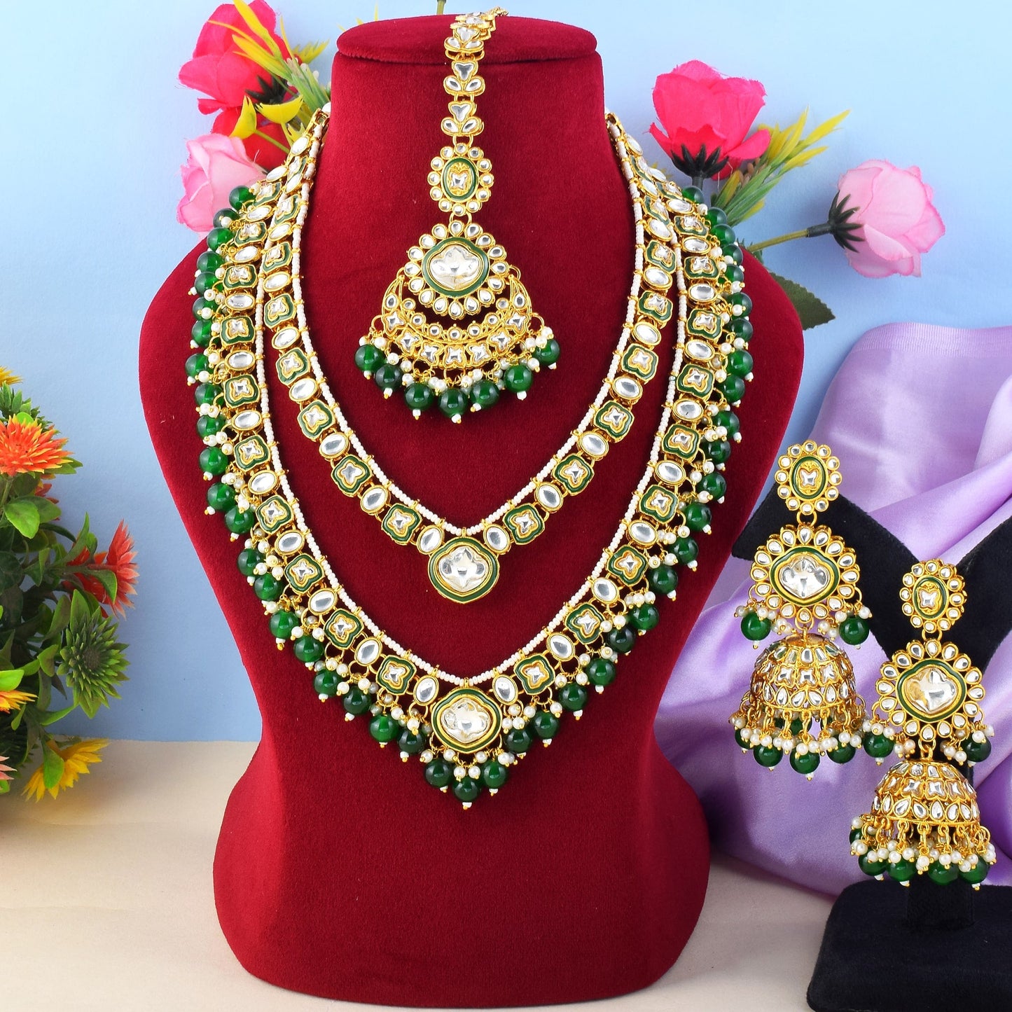 Royal Green Color Kundan Necklace Set With Antique Detailing For Events