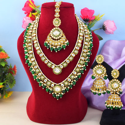 Royal Green Color Kundan Necklace Set With Antique Detailing For Events
