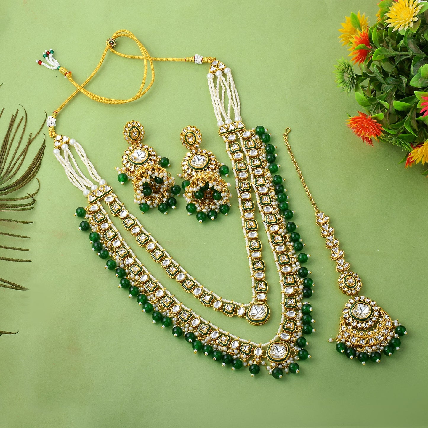 Royal Green Color Kundan Necklace Set With Antique Detailing For Events