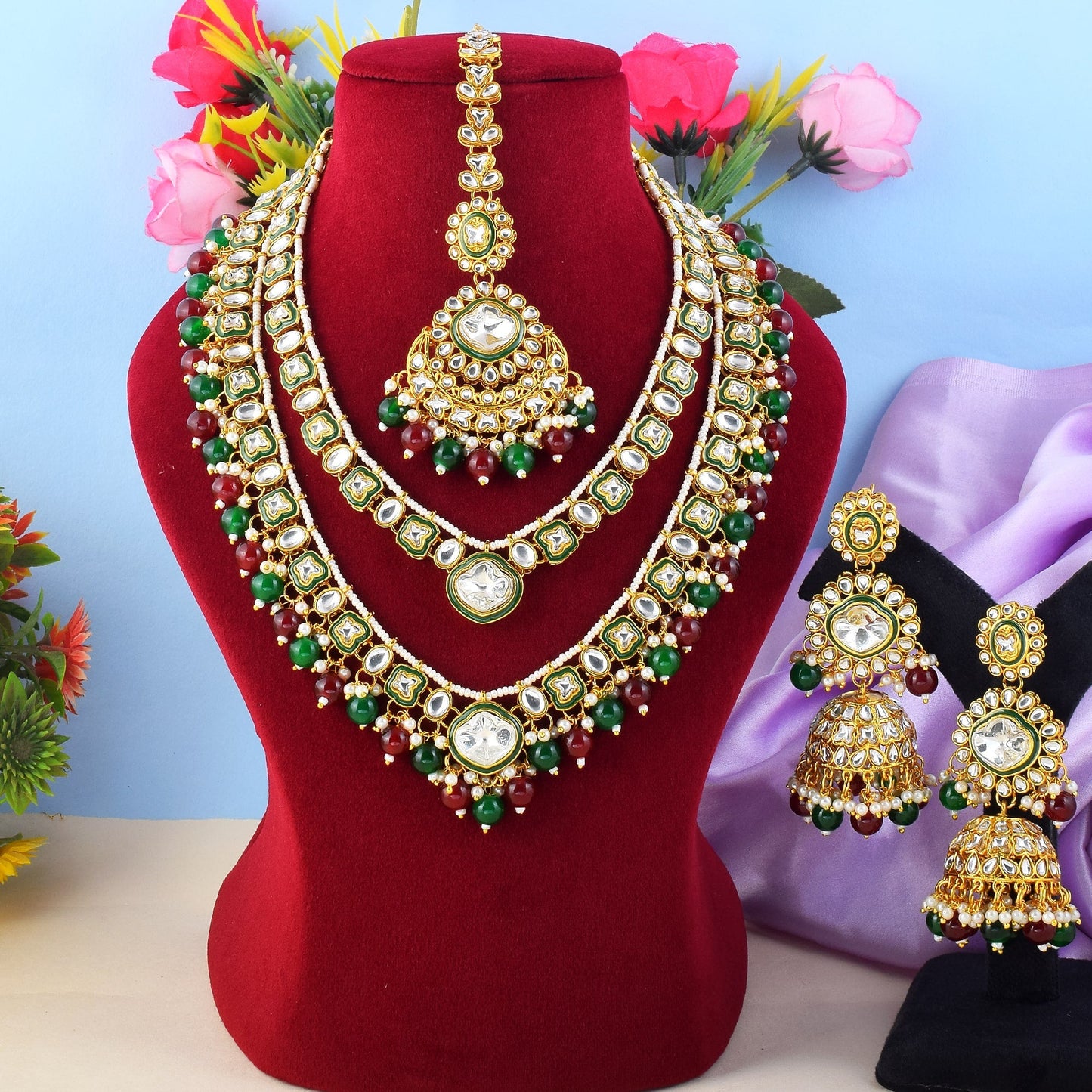 Rich Maroon & Green Color Kundan Necklace Set For Royal Occasions