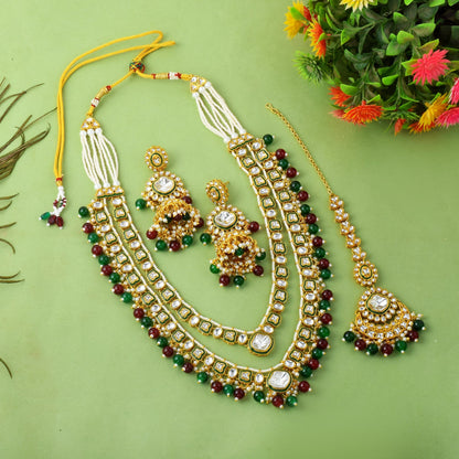 Rich Maroon & Green Color Kundan Necklace Set For Royal Occasions