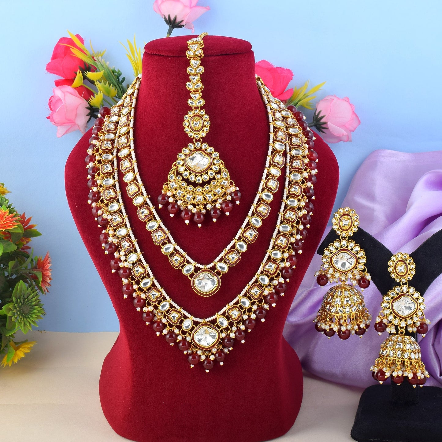 Deep Maroon Color Kundan Necklace Set With Wedding Stone Highlights