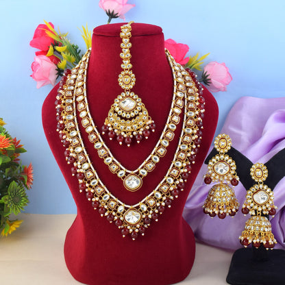 Deep Maroon Color Kundan Necklace Set With Wedding Stone Highlights