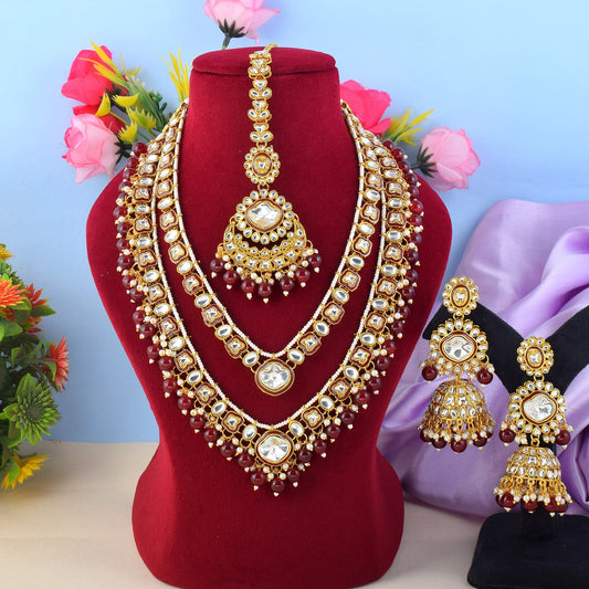 Deep Maroon Color Kundan Necklace Set With Wedding Stone Highlights