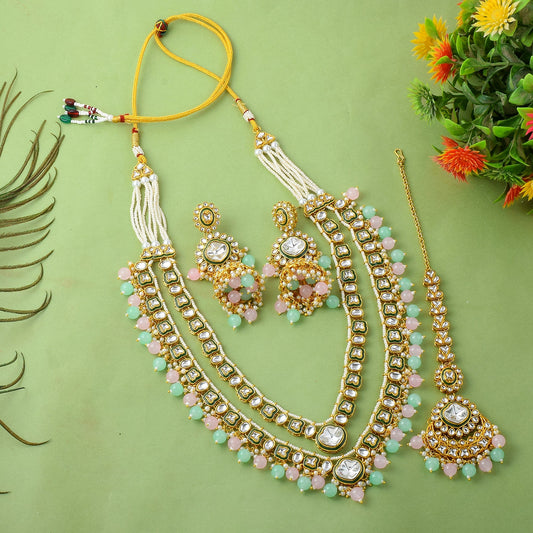 Stylish Pink & Pista Green Color Kundan Necklace Set For Bride