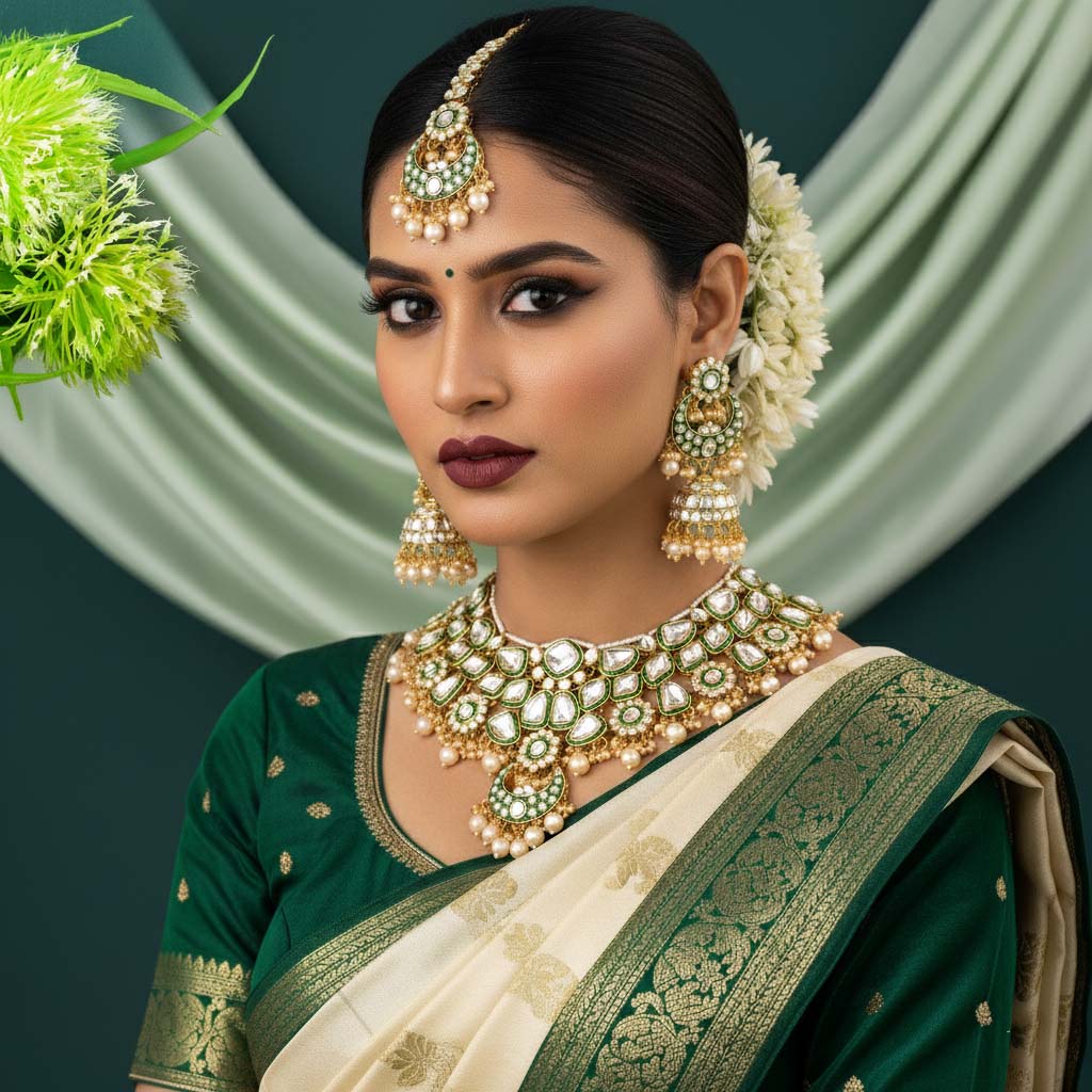 Traditional Gold Color Kundan Necklace Set For Wedding Celebrations