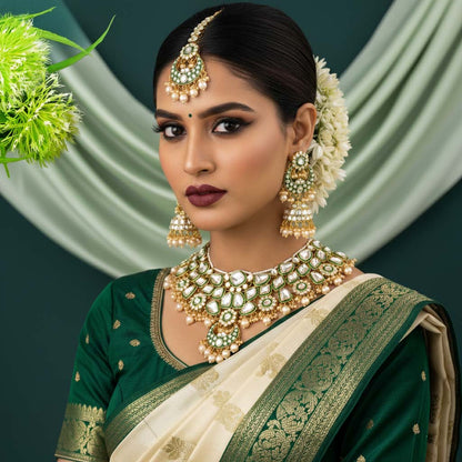 Traditional Gold Color Kundan Necklace Set For Wedding Celebrations