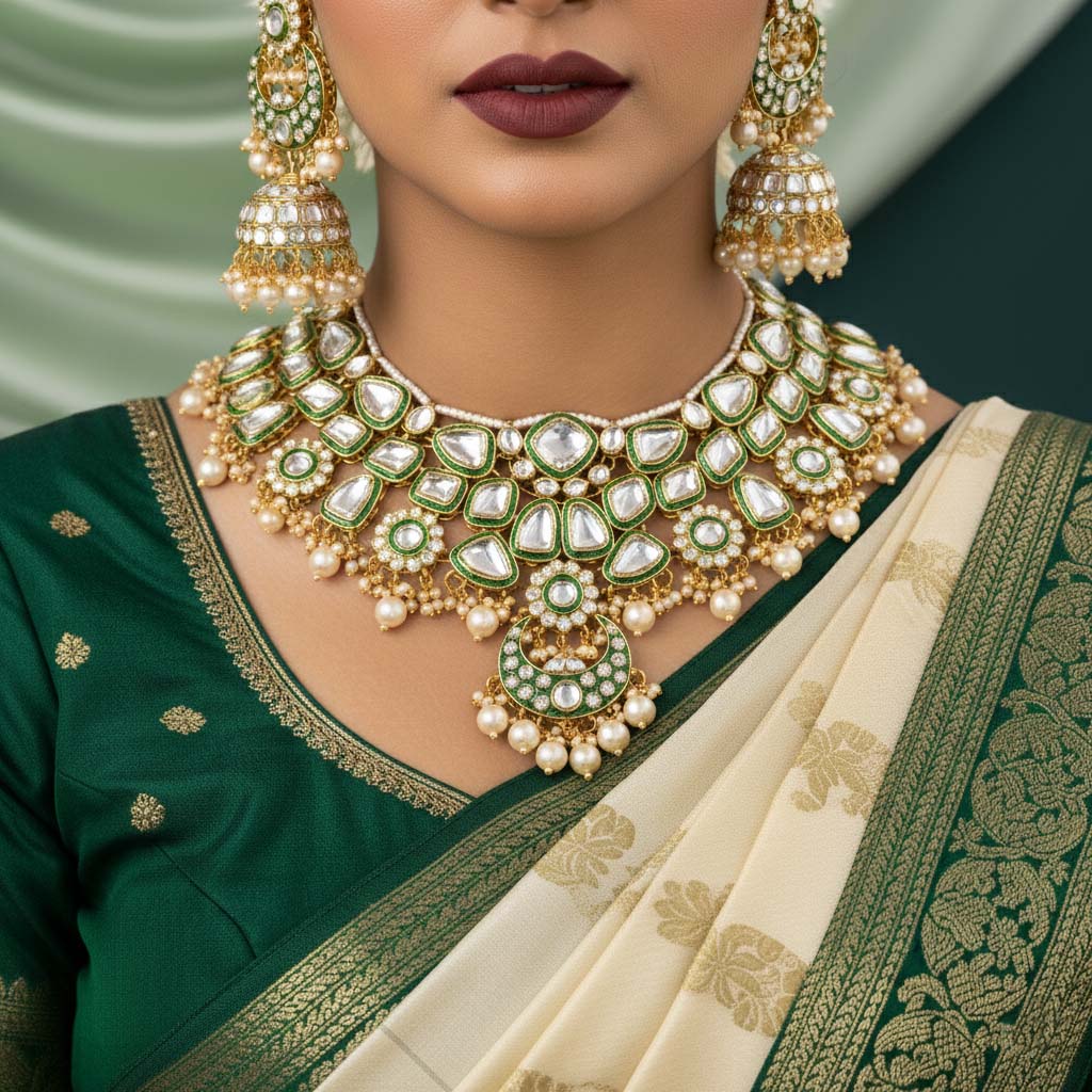 Traditional Gold Color Kundan Necklace Set For Wedding Celebrations