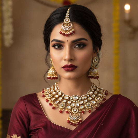 Wunderschönes kastanienbraunes Kundan-Halsketten-Set mit eleganten Goldakzenten