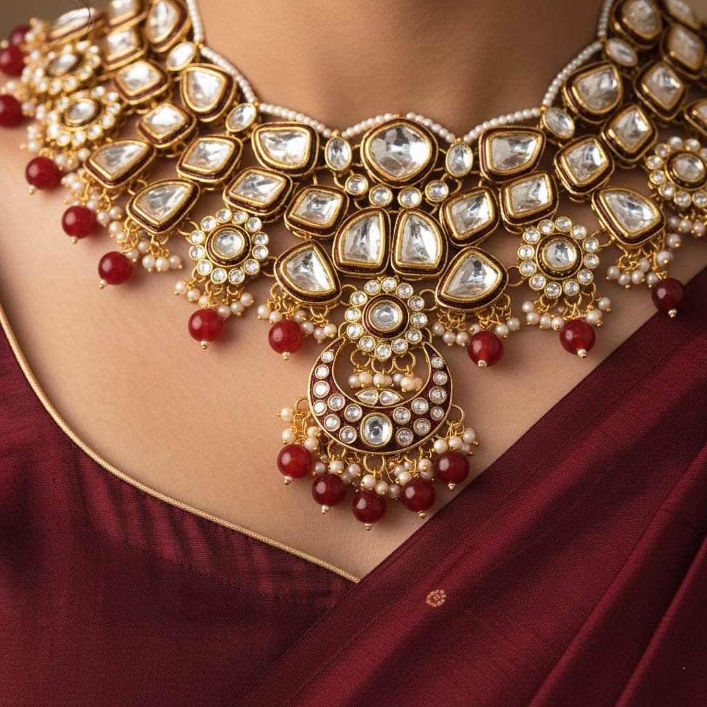 Wunderschönes kastanienbraunes Kundan-Halsketten-Set mit eleganten Goldakzenten
