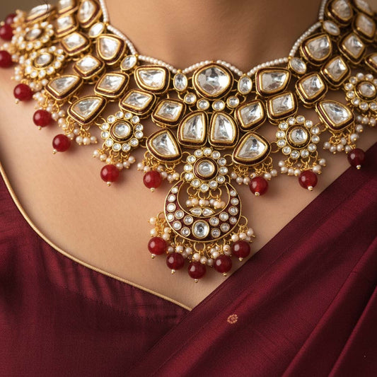 Wunderschönes kastanienbraunes Kundan-Halsketten-Set mit eleganten Goldakzenten